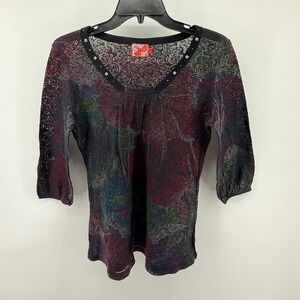 90s Y2K Floral Print Studded 3/4 sleeve Burn Out  M Bohemian Blouse Goth Grunge‎